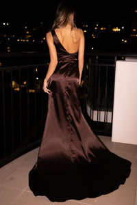 One Shoulder Open Back Details of Dark Brown Satin Full Length Evening Gown featuring One Shoulder Design, Gathering Ruched Waist Detail, Thigh High Slit and Sweep Train