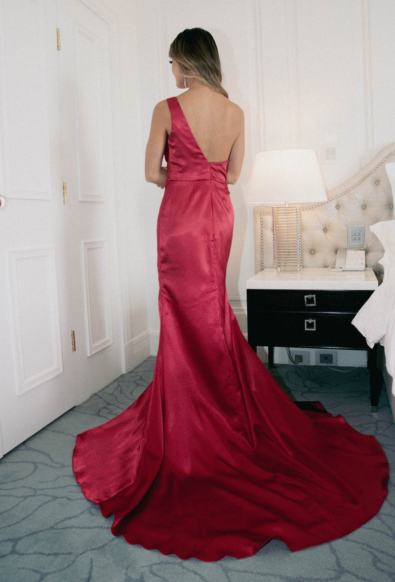 Kendra One Shoulder Satin Gown - Deep Red