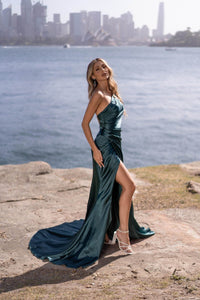 Emerald Green Satin Evening Gown featuring One Shoulder Design, Gathering Ruched Waist Detail, Thigh High Slit and Sweep Train