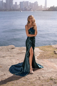 Emerald Green Satin Evening Gown featuring One Shoulder Design, Gathering Ruched Waist Detail, Thigh High Slit and Sweep Train