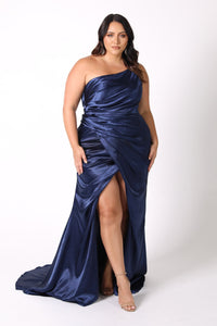 Kendra One Shoulder Satin Gown - Navy