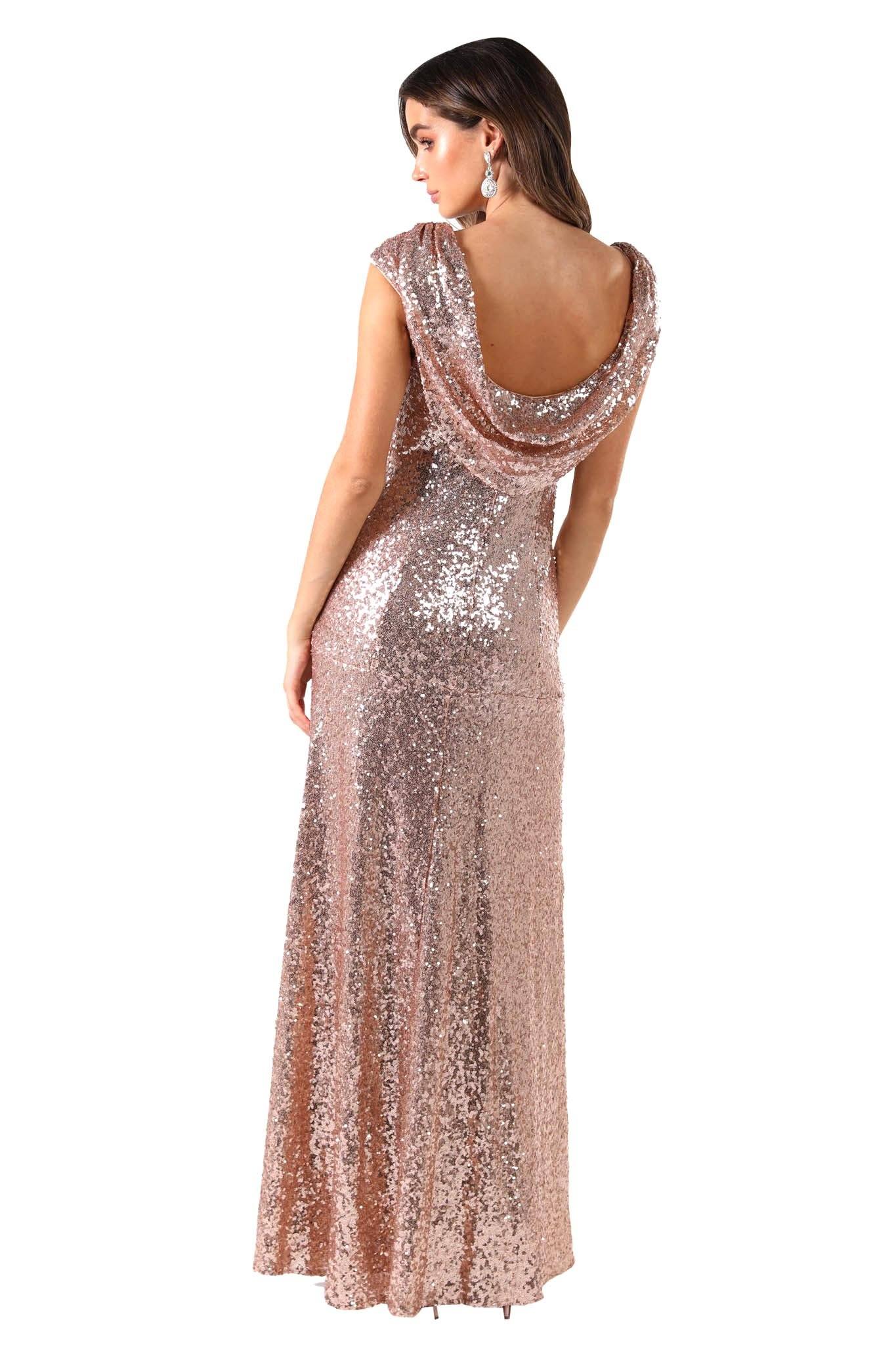 Kira Cowl Back Sequin Maxi Dress Rose Gold NBLUXE