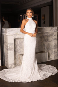 White Lace Bridal Gown with High Neckline, Fit & Flare Trumpet Silhouette and Floor Sweeping Train