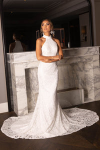 White Lace Wedding Dress with High Neckline, Fit & Flare Trumpet Silhouette and Floor Sweeping Train