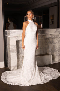 White Lace Bridal Gown with High Neckline, Fit & Flare Trumpet Silhouette and Floor Sweeping Train