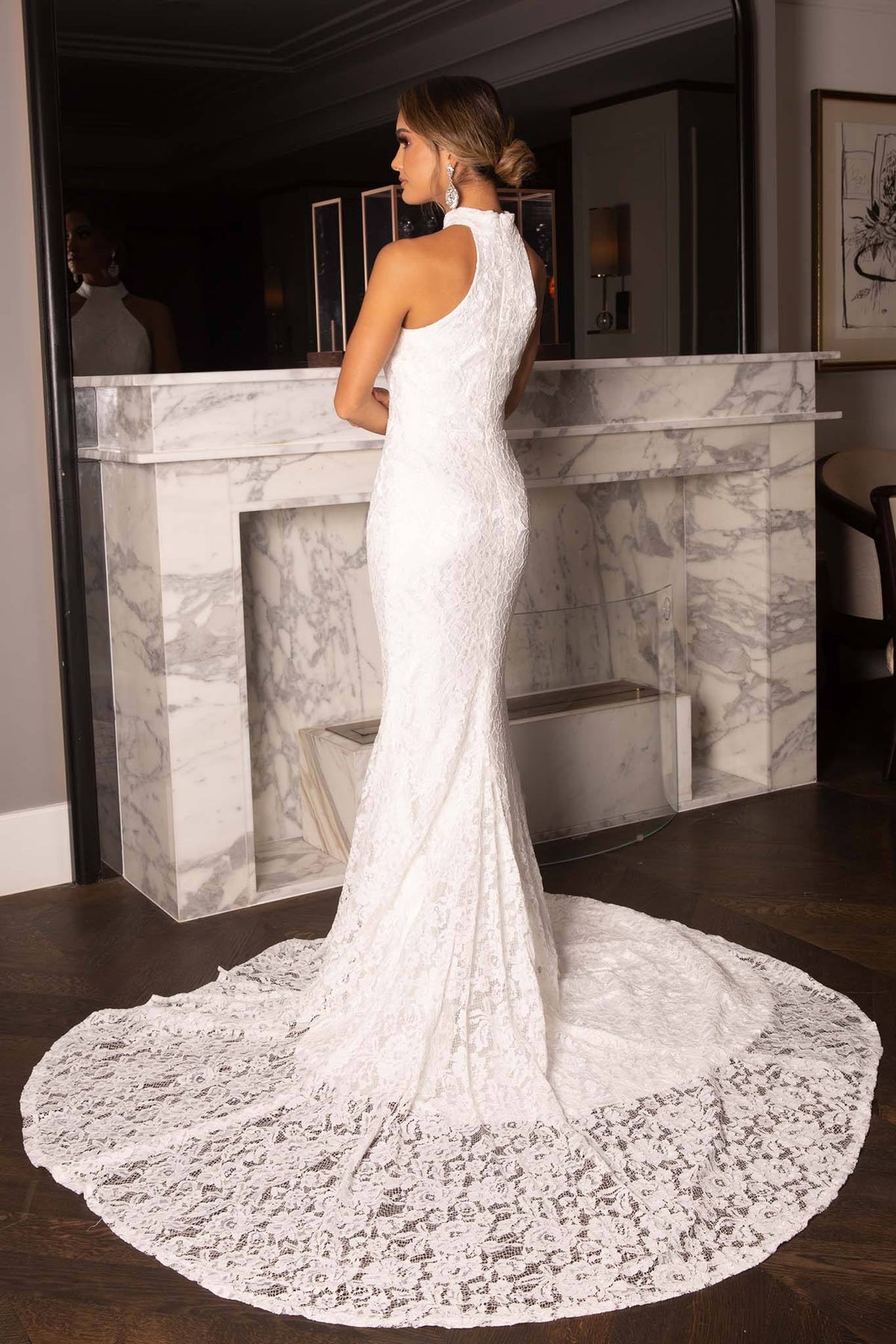 White Lace Bridal Gown with High Neckline, Fit & Flare Trumpet Silhouette and Floor Sweeping Train