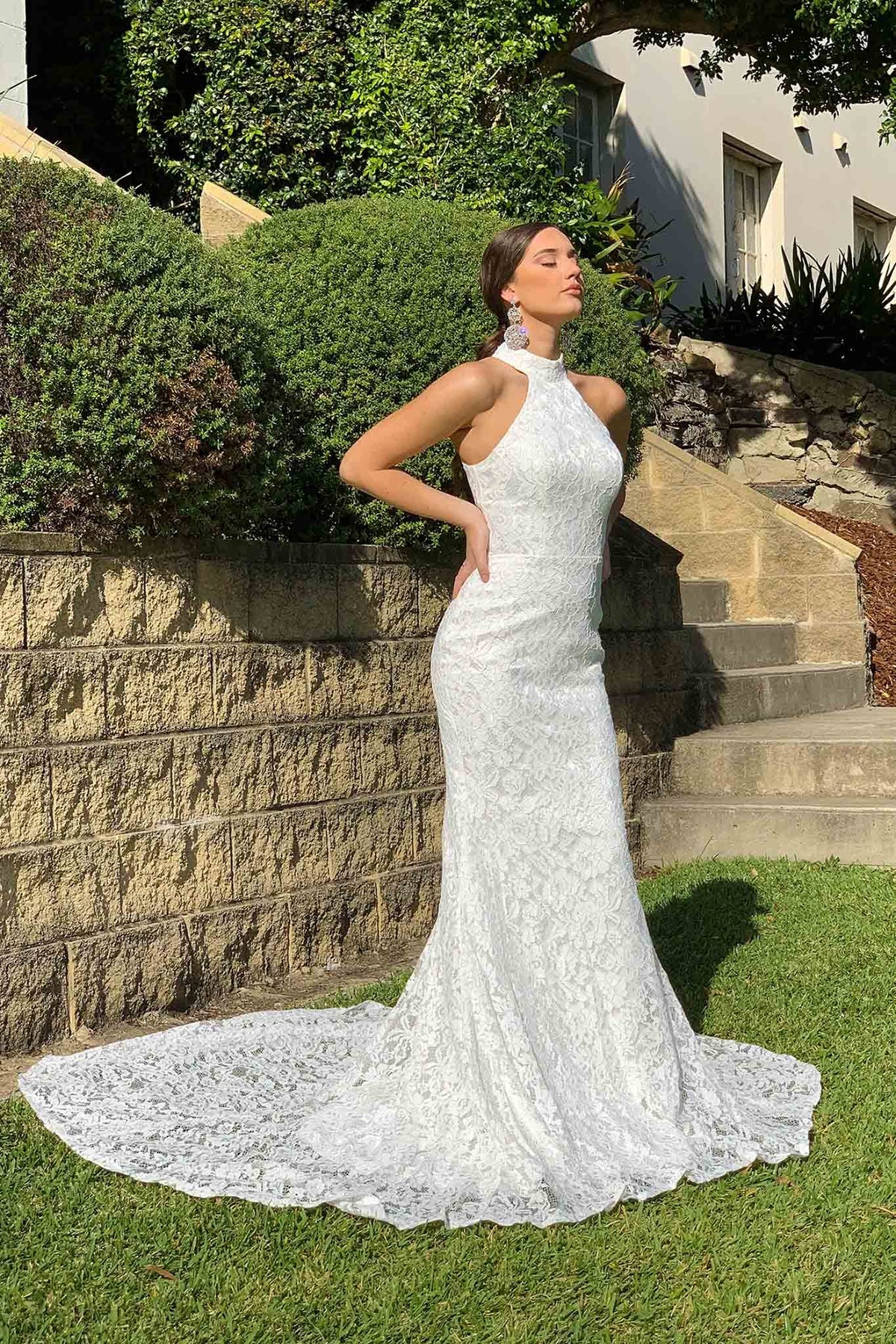 White Lace Wedding Formal Long Trumpet Sleeveless Gown with High Neckline and Long Train