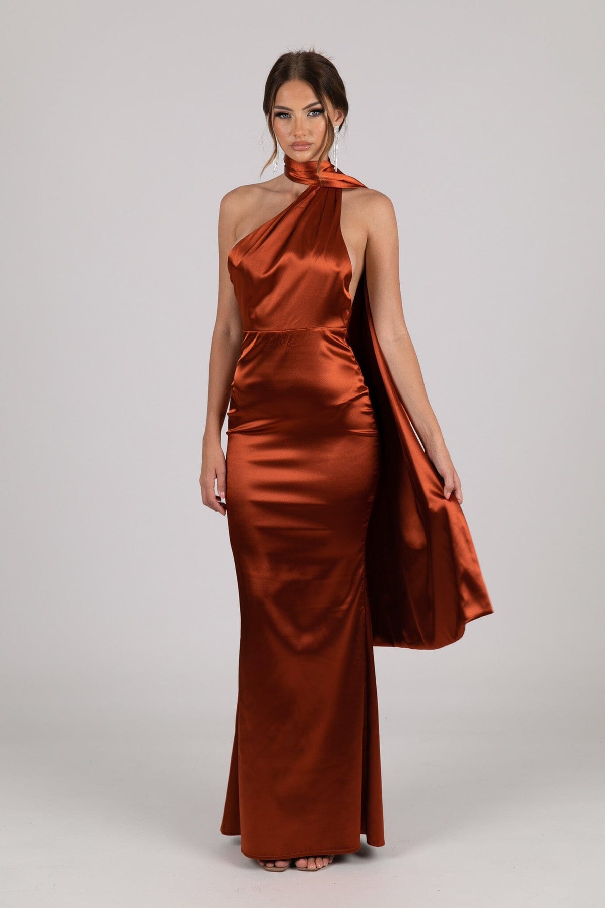 Rust Burnt Orange Coloured Satin Column Maxi Dress with Asymmetrical Neckline and Scarf Sash Design