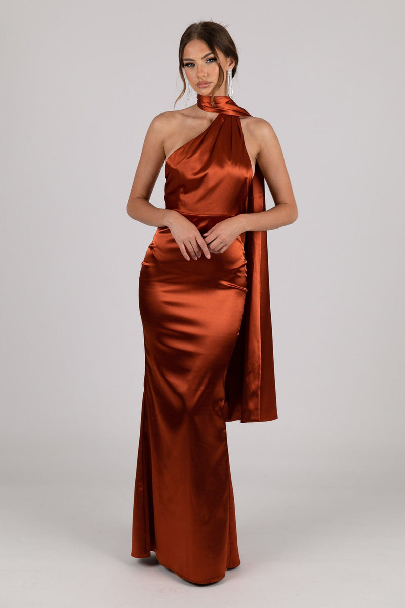 Rust Burnt Orange Coloured Satin Column Maxi Dress with Asymmetrical One Shoulder Neckline and Scarf Sash Design