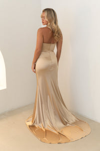 Sweep Train of Neutral Gold Champagne Coloured Strapless Bustier Fitted Stretch Satin Evening Gown with Gathered Bodice and Waist and Side Slit