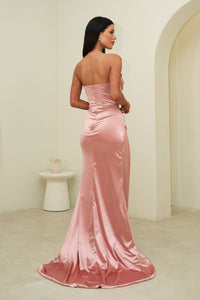 Back Image of Light Pink Fitted Stretch Satin Full Length Evening Gown with Strapless Neckline and Side Slit
