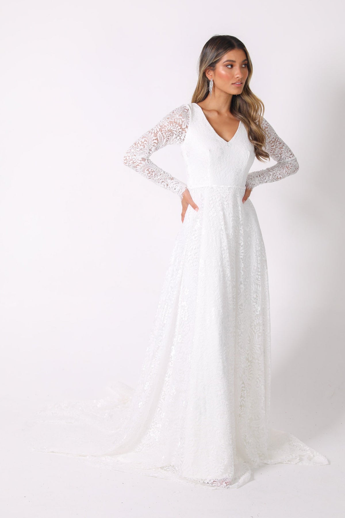 NISHA Long Sleeve A-Line Lace Gown - White NB LUXE NISHA Long Sleeve A-Line Lace Gown - White NB LUXE