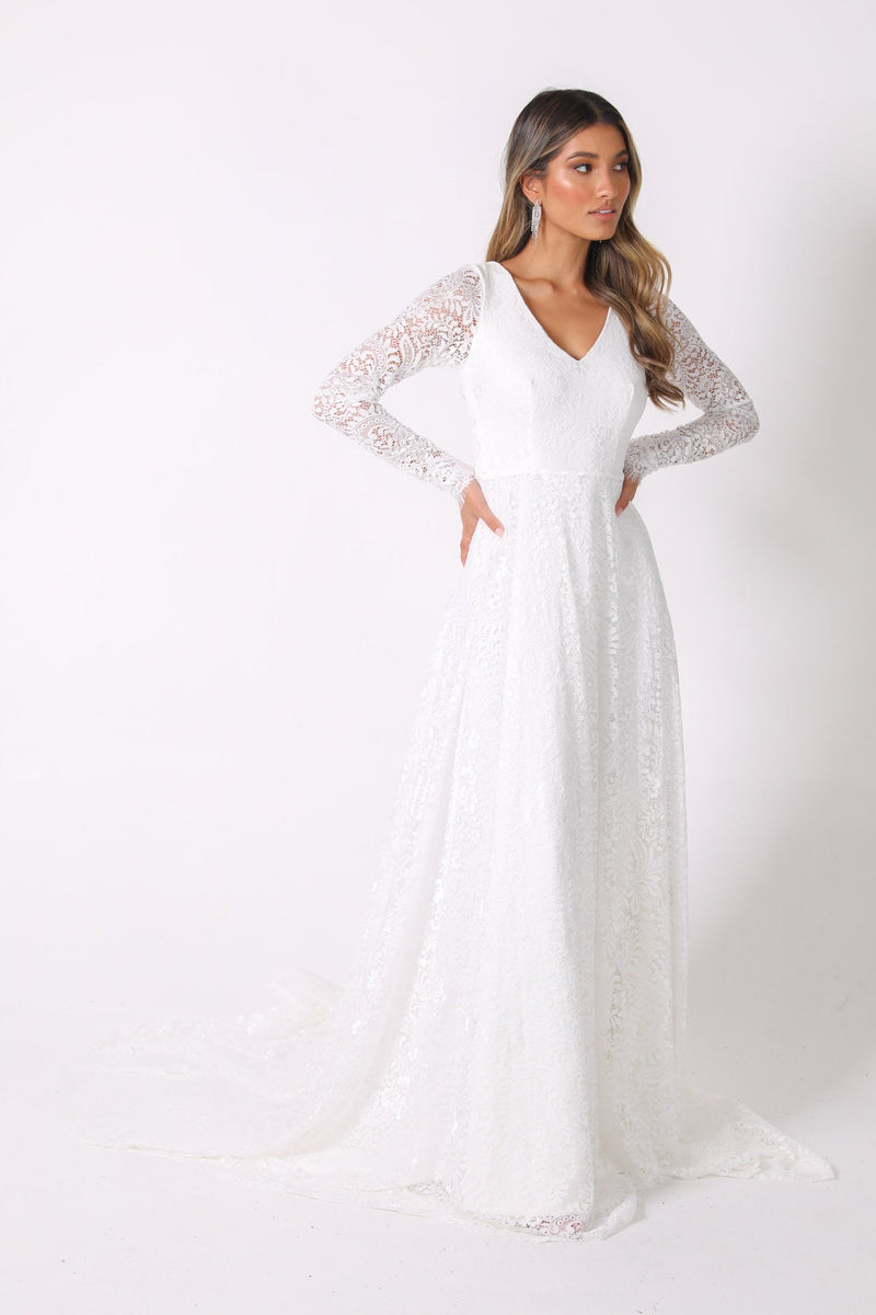 NISHA Long Sleeve A-Line Lace Gown - White NB LUXE NISHA Long Sleeve A-Line Lace Gown - White NB LUXE