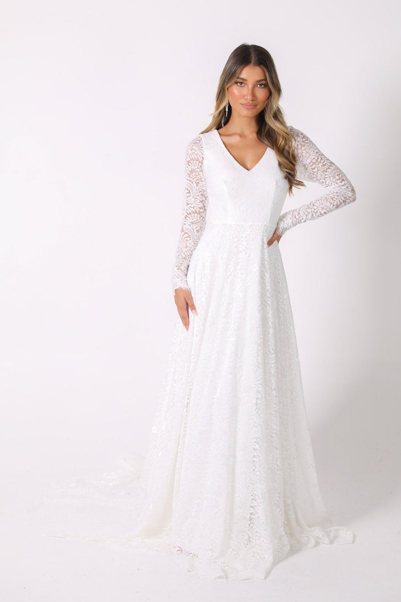 NISHA Long Sleeve A-Line Lace Gown