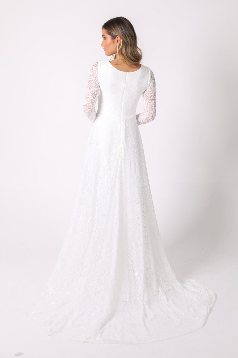 Closed Back Design of White Long Sleeve Lace Wedding Gown with V-Neck, Sheer Lace Fitted Sleeves, A-Line Skirt and Sweep Train
