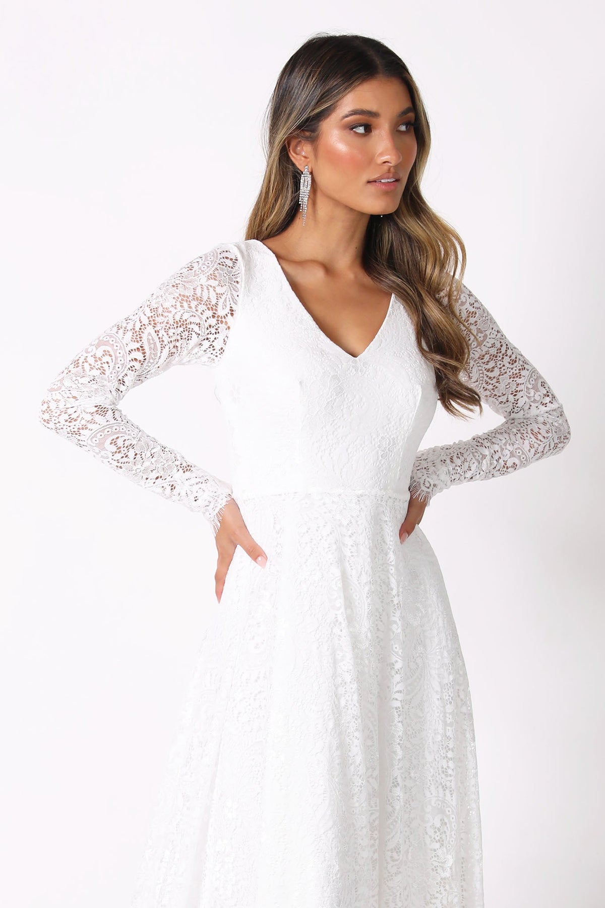 White Long Sleeve Lace Wedding Gown with V-Neck, Sheer Lace Fitted Sleeves, A-Line Skirt and Sweep Train