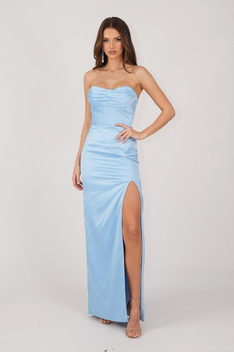 Light Blue Satin Maxi Dress with Strapless Draped Detail Neckline, Fitted Pencil Skirt and Thigh High Side Split