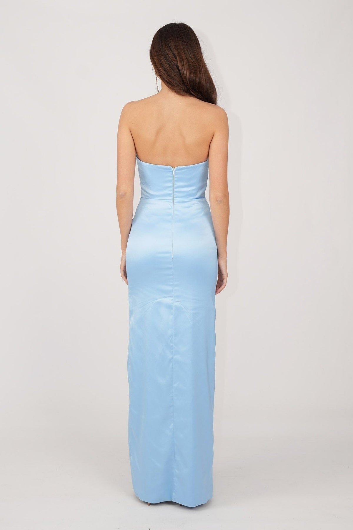 Back Image of Light Blue Satin Maxi Dress with Strapless Draped Detail Neckline, Fitted Pencil Skirt and Thigh High Side Split