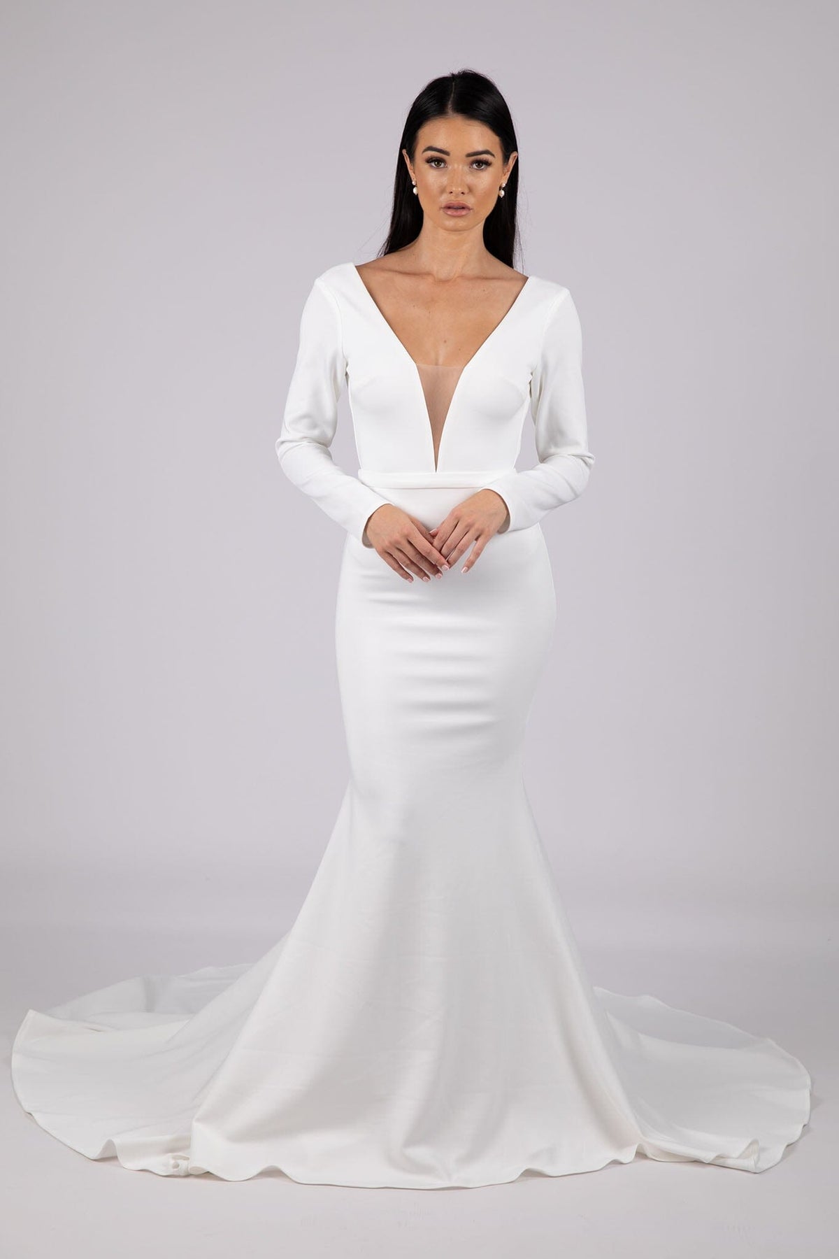 Ivory White Fit and Flare Long Sleeve Wedding Gown with Plunging V Neckline, Open V Back, Detachable Belt and Sweep Train
