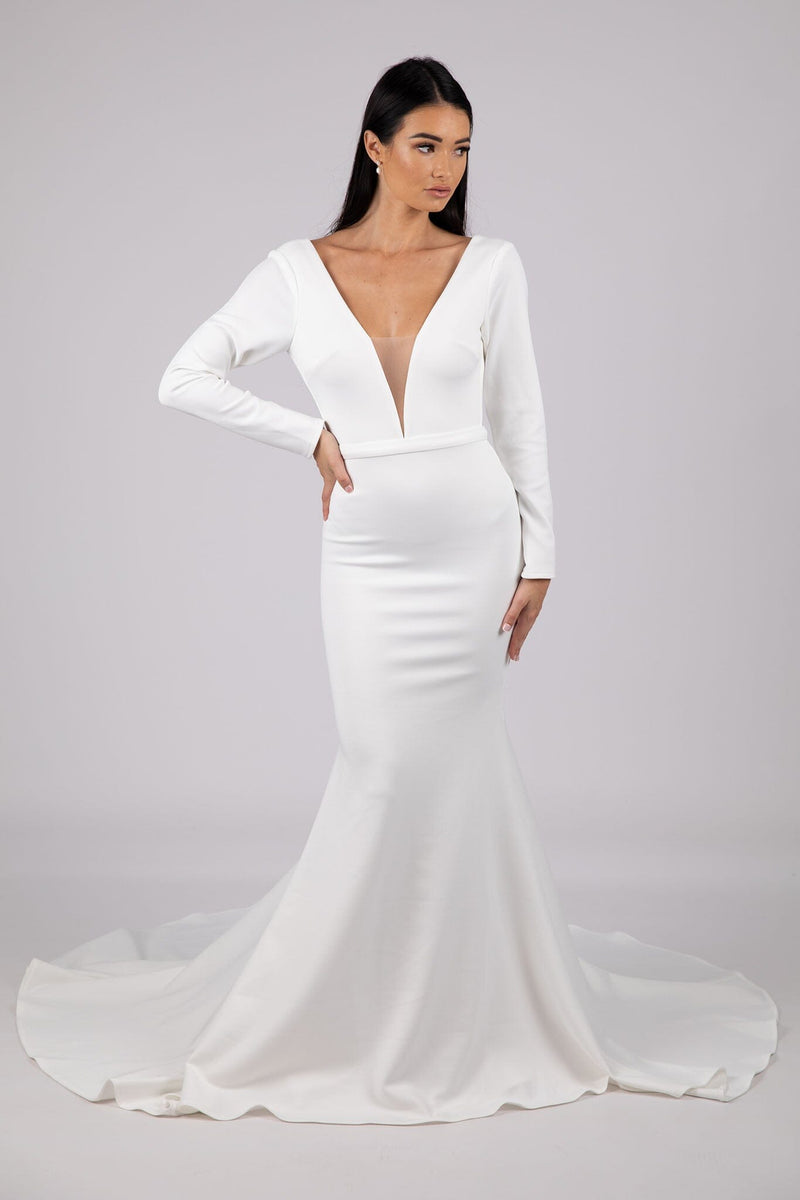 Ivory White Fit and Flare Long Sleeve Wedding Gown with Plunging V Neckline, Open V Back, Detachable Belt and Sweep Train