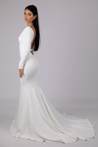 Side Image of Ivory White Fit and Flare Long Sleeve Wedding Gown with Plunging V Neckline, Open V Back, Detachable Belt and Sweep Train