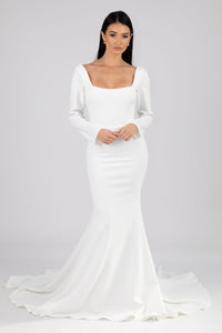 Ivory White Fit and Flare Wedding Gown with Square Neckline, Long Sleeves, Low Open Square Back Design and Sweep Train