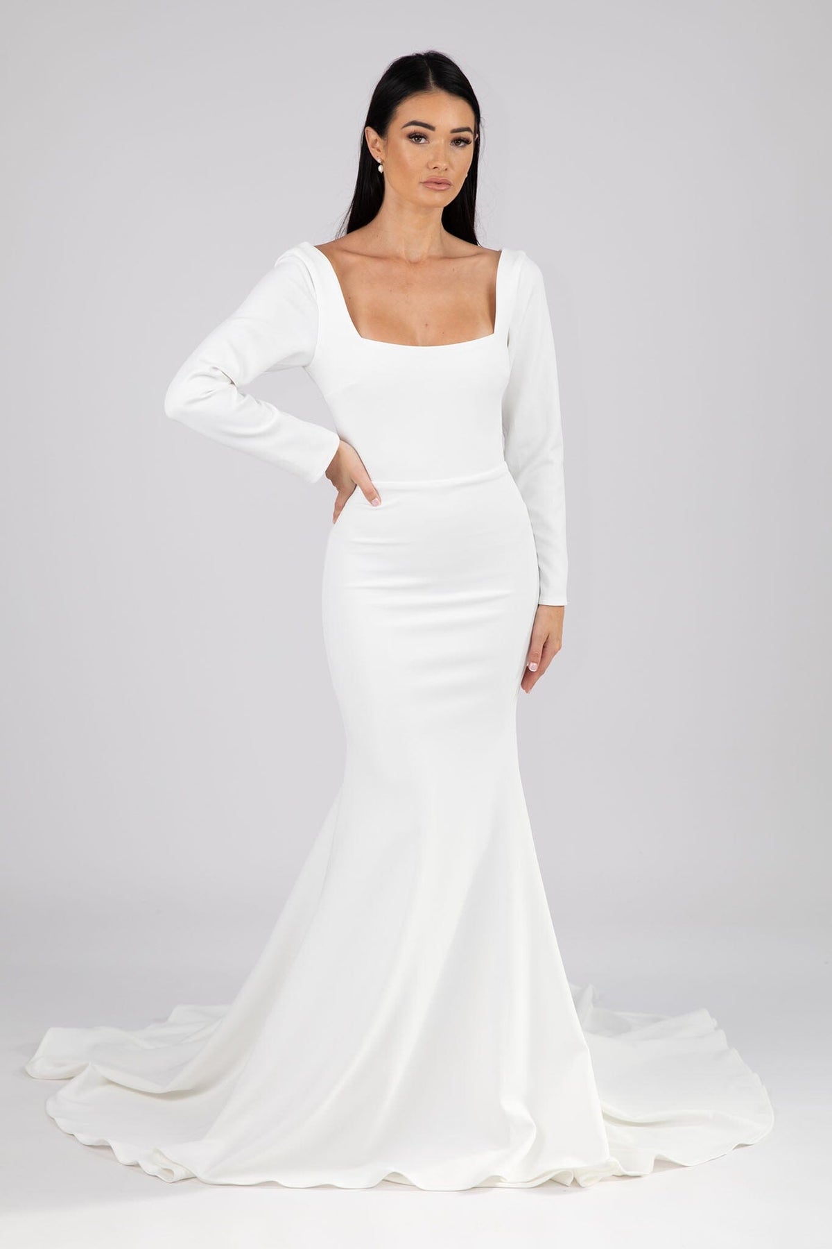 Ivory White Fit and Flare Wedding Gown with Square Neckline, Long Sleeves, Open Low Square Back Design and Sweep Train