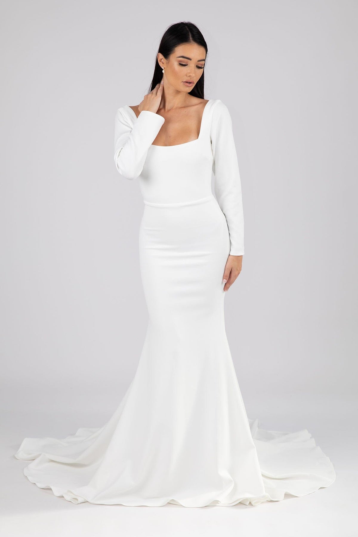 Ivory White Fitted Wedding Gown with Square Neckline and Long Sleeves