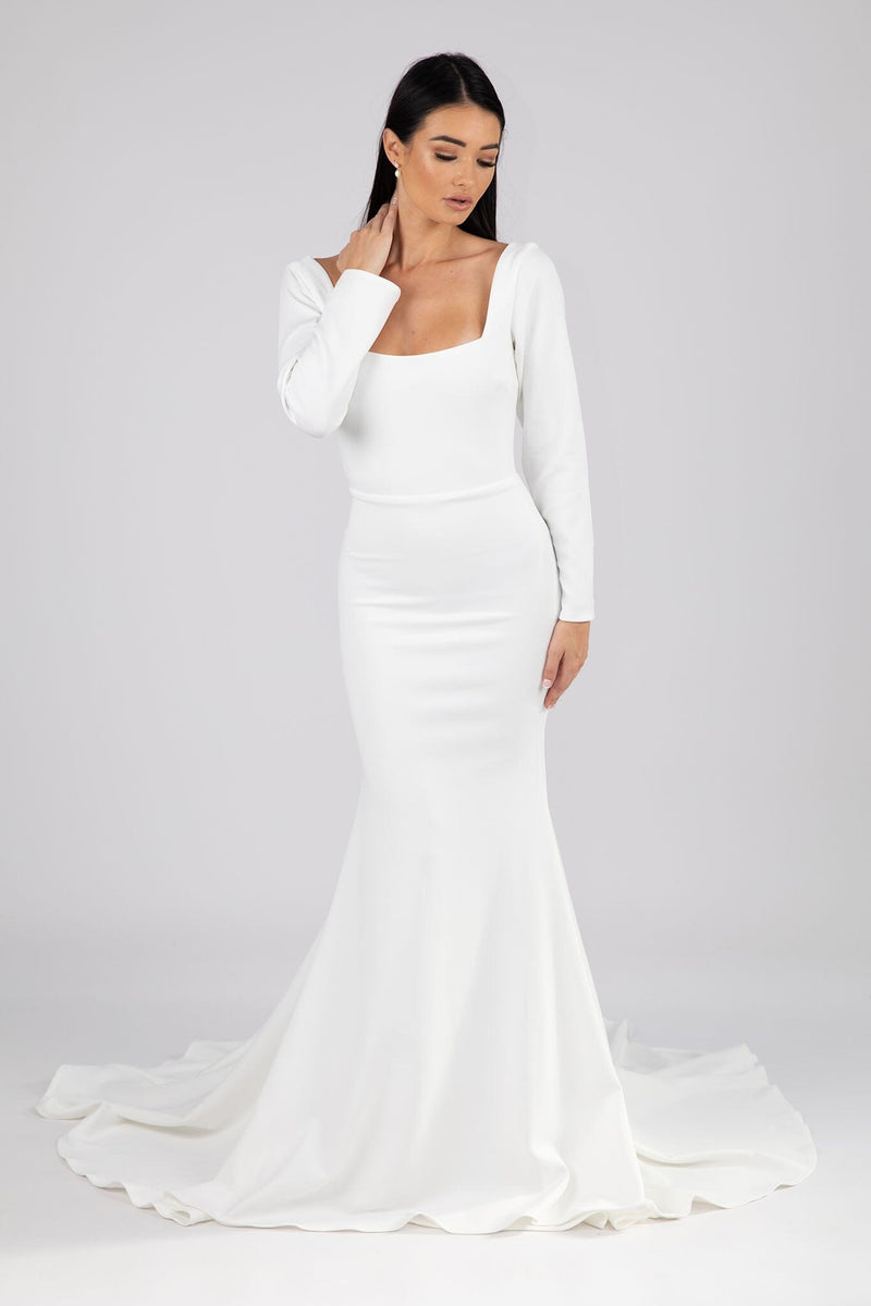 Ivory White Fitted Wedding Gown with Square Neckline and Long Sleeves