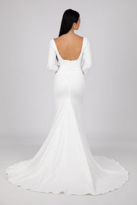 Low Open Square Back Design and Sweep Train of Ivory White Fit and Flare Wedding Gown with Square Neckline and Long Sleeves
