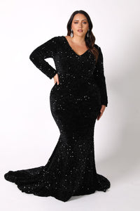 Black Winter Evening Formal Long Sleeve Sequinned Velvet Gown with V Neckline and Fit & Flare Mermaid Silhouette