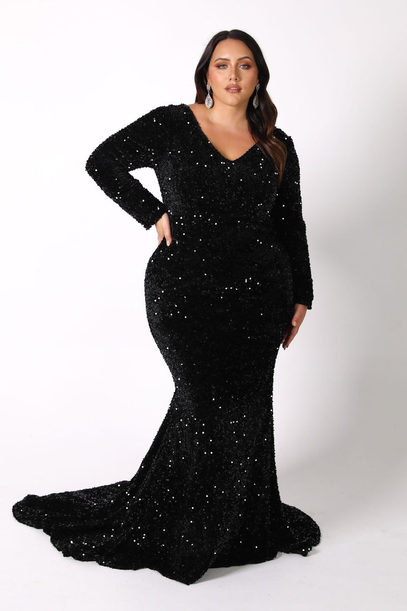 Black Winter Evening Formal Long Sleeve Sequinned Velvet Gown with V Neckline and Fit & Flare Mermaid Silhouette