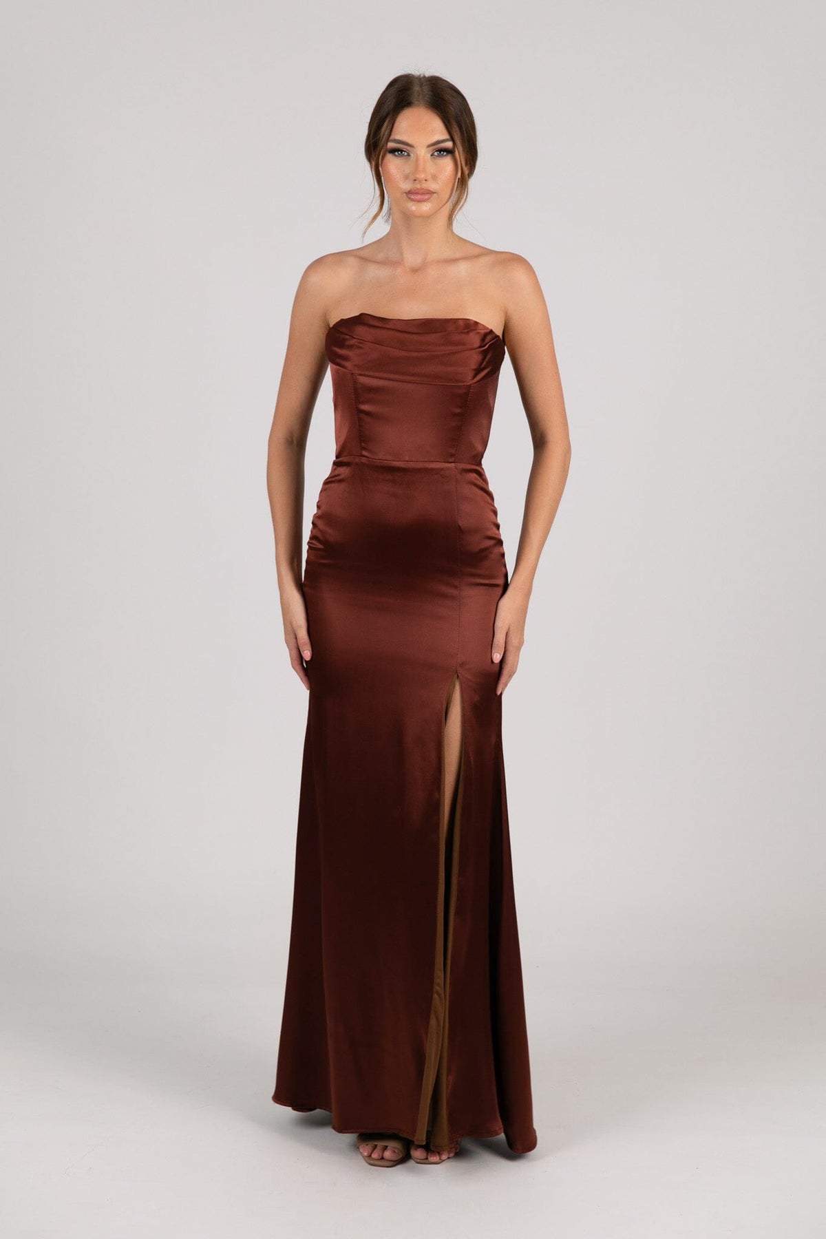 Peyton Strapless Satin Maxi Dress - Mahogany NB LUXE Peyton Strapless Satin Maxi Dress - Mahogany NB LUXE