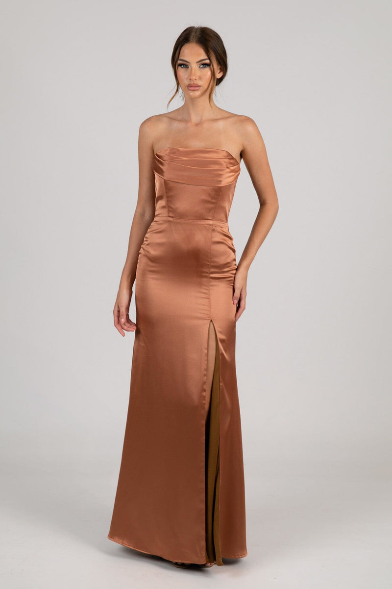 Burnt Orange Brown Rust Coloured Strapless Satin Maxi Dress with Draped Bust Detail and Side Slit