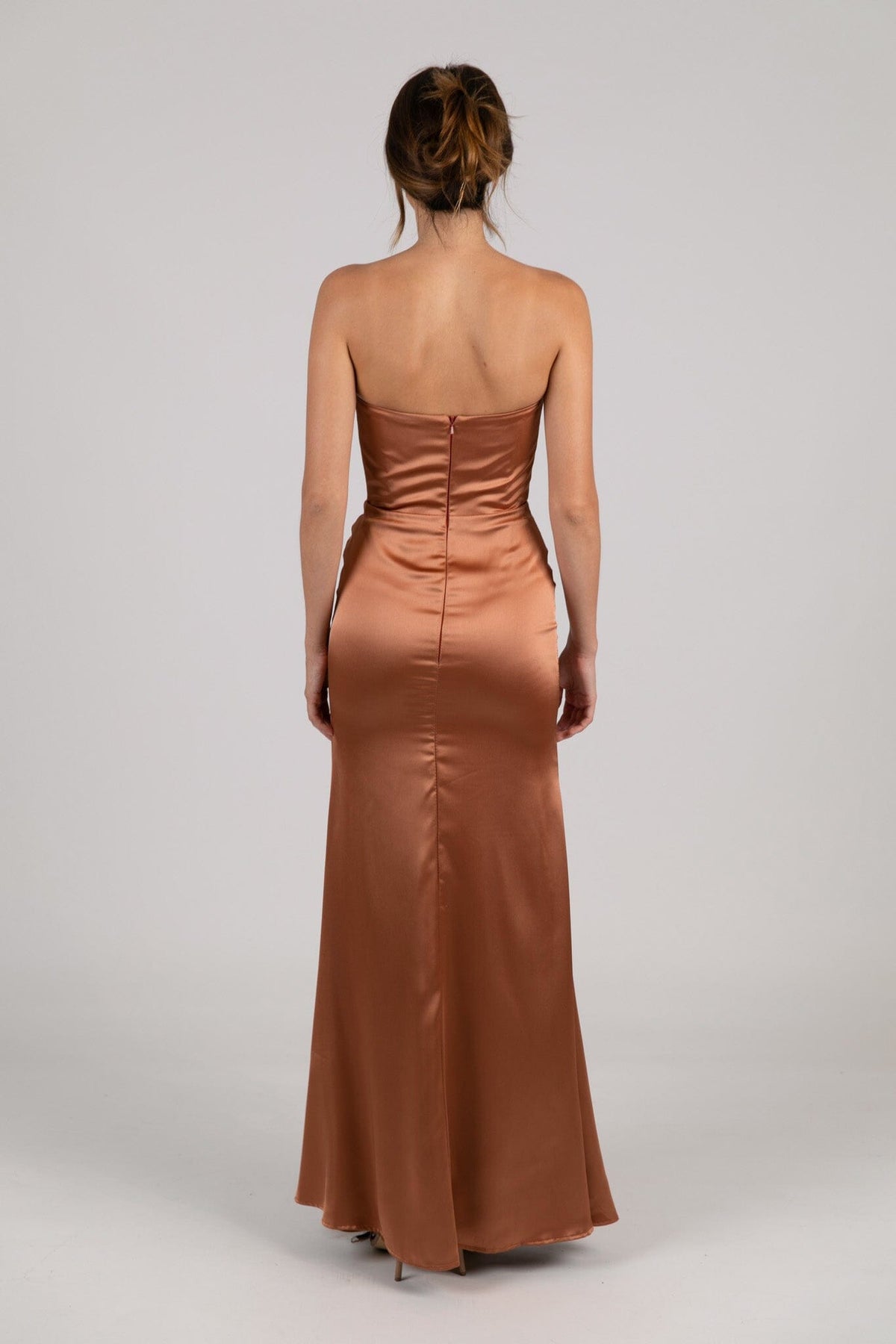 satin maxi dress strapless Infinite Strapless Open Back Satin Convertible Maxi Dress TAUPE / XS by Sugarlips