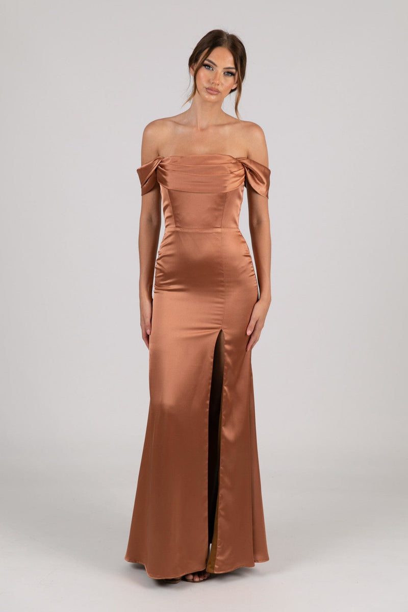 Burnt Orange Brown Rust Coloured Strapless Satin Maxi Dress with Draped Bust Detail, Detachable Off Shoulder Sleeves and Side Slit