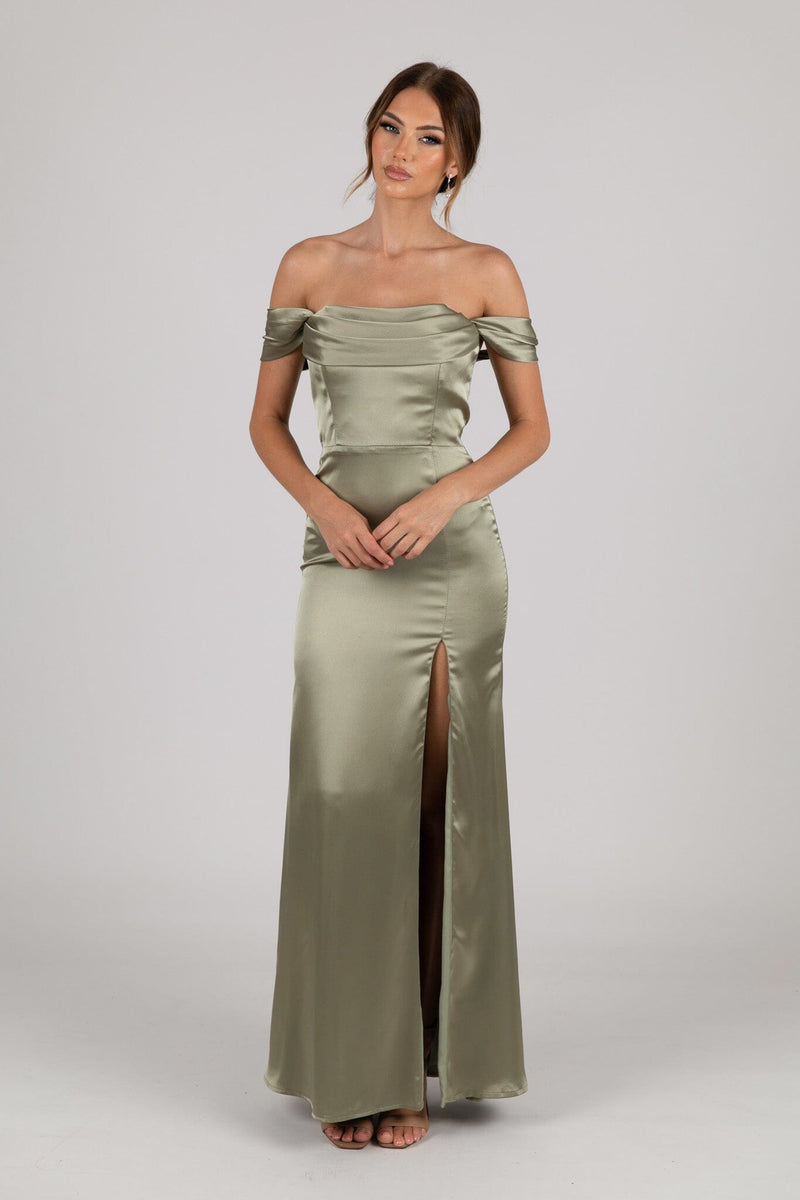 pale green strapless dress Peyton Strapless Satin Maxi Dress