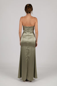 Back Image of Sage Green Strapless Satin Maxi Dress with Draped Detail at Bust and Side Slit
