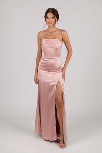 Dusty Pink Strapless Satin Maxi Dress with Draped Bust Detail and Side Slit