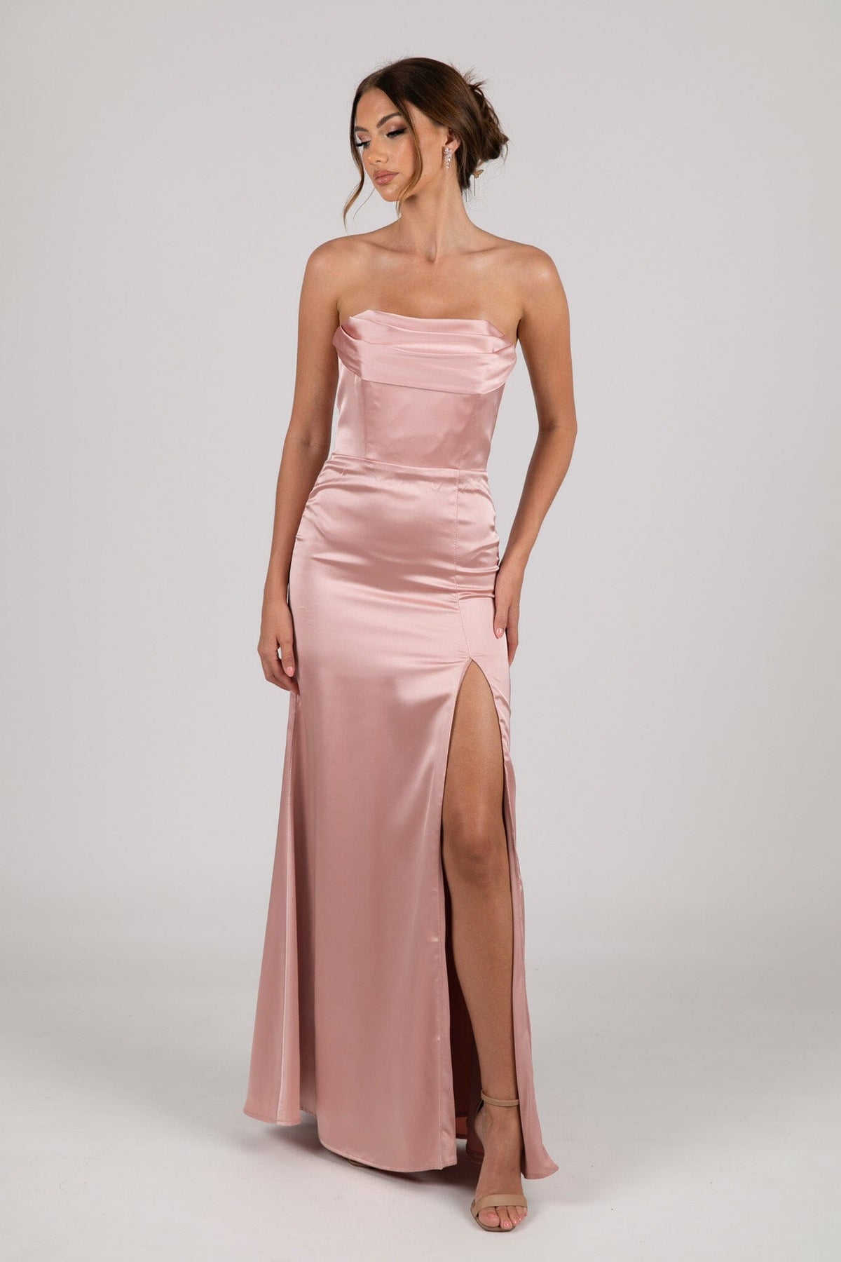 Dusty Pink Strapless Satin Maxi Dress with Draped Bust Detail and Side Slit