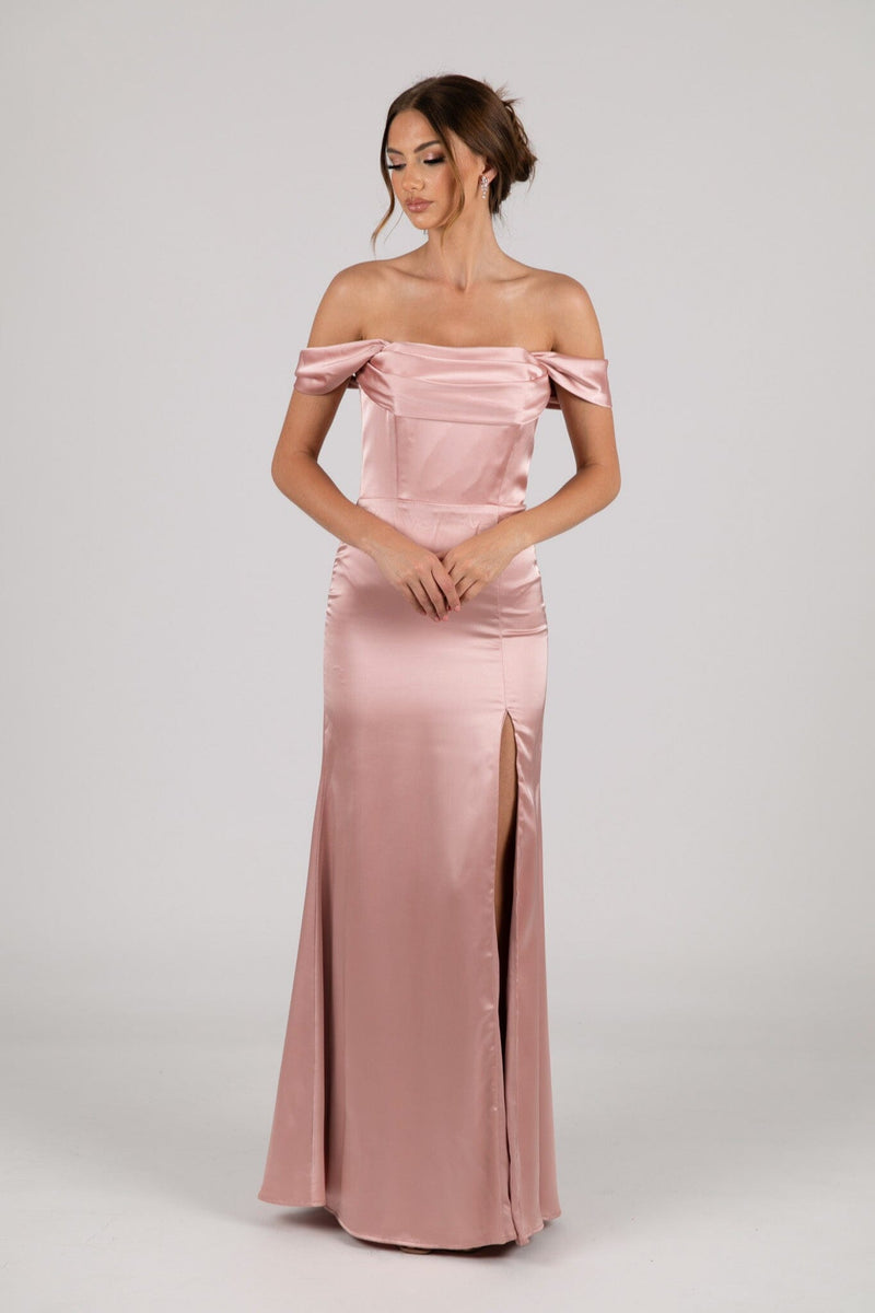 Dusty Pink Strapless Satin Maxi Dress with Draped Bust Detail, Detachable Off Shoulder Sleeves and Side Slit