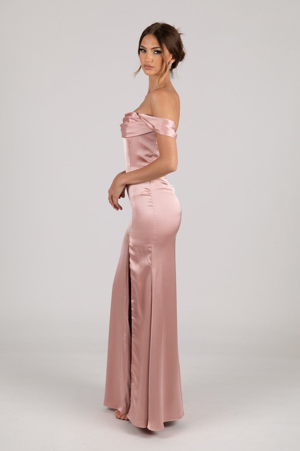 Side Image of Dusty Pink Strapless Satin Maxi Dress with Draped Bust Detail, Detachable Off Shoulder Sleeves and Side Slit
