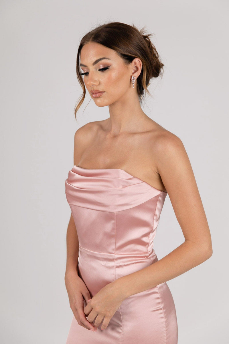 Close Up Image of Dusty Pink Strapless Satin Maxi Dress with Draped Bust Detail and Side Slit