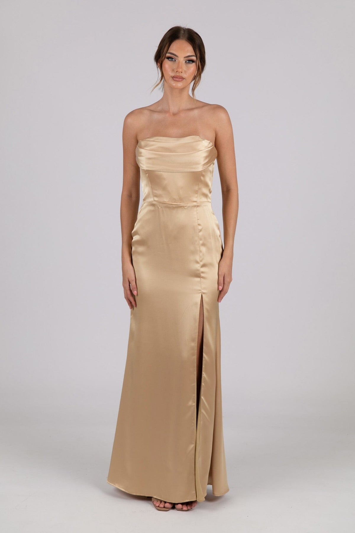 Peyton Strapless Satin Maxi Dress - Neutral Gold NB LUXE Peyton Strapless Satin Maxi Dress - Neutral Gold NB LUXE