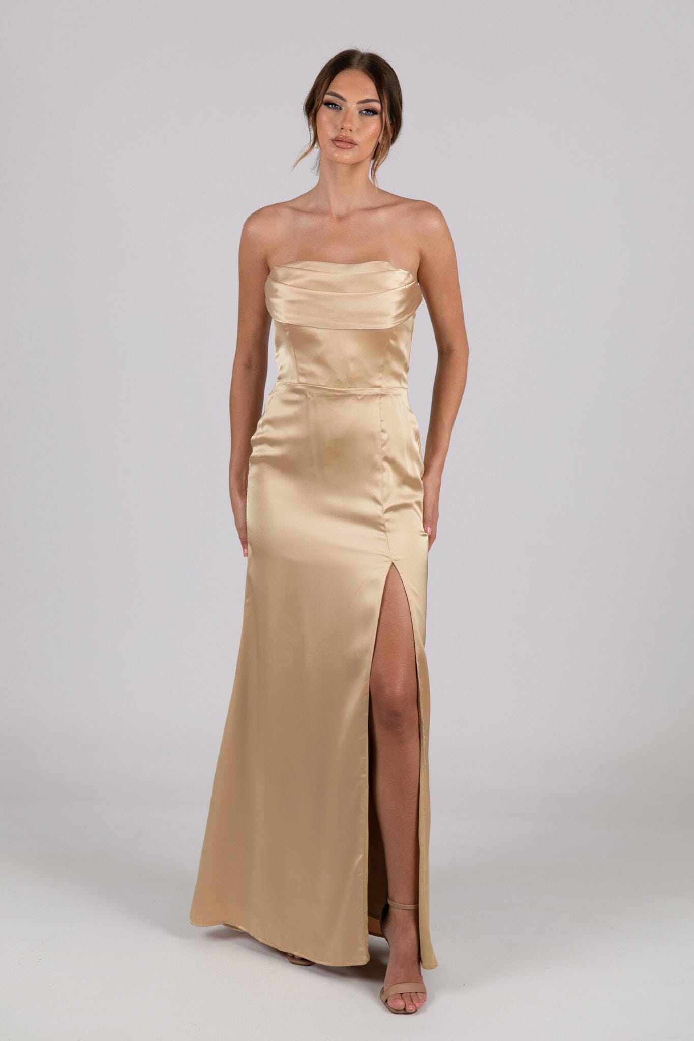 Peyton Strapless Satin Maxi Dress - Neutral Gold – NB LUXE