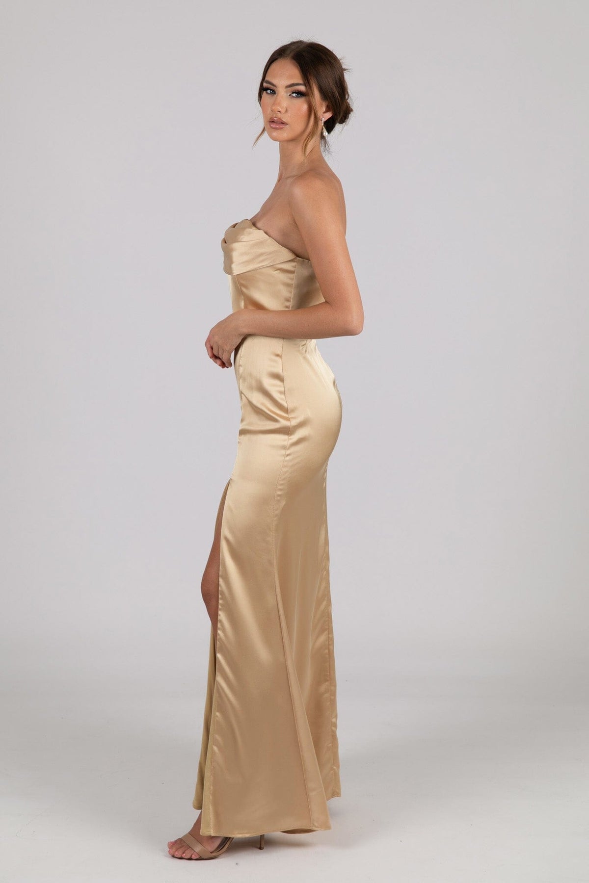 Peyton Strapless Satin Maxi Dress - Neutral Gold NB LUXE Peyton Strapless Satin Maxi Dress - Neutral Gold NB LUXE