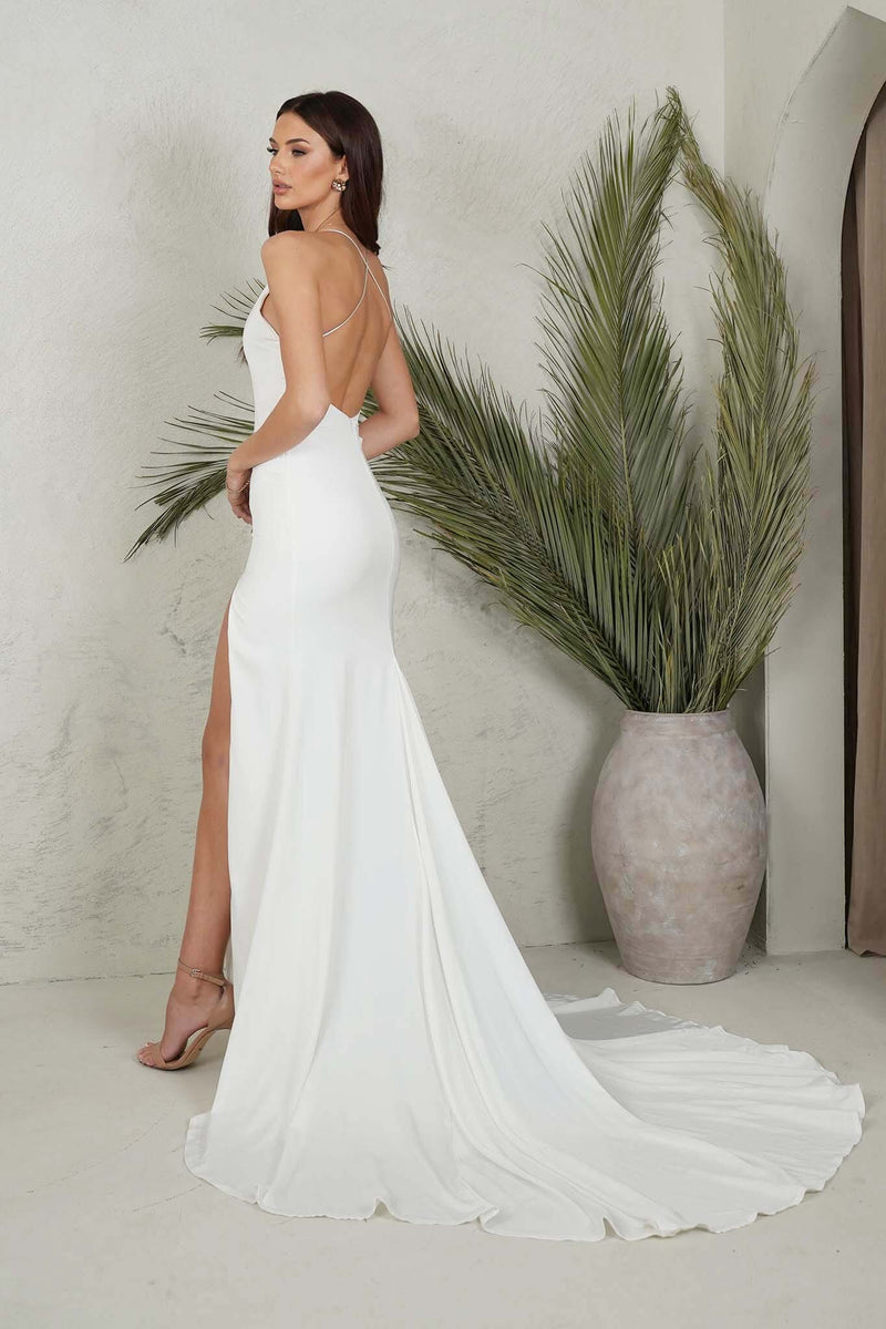 Side Image of Ivory White Silky Satin Floor Length Fitted Gown with V Neckline, Thin Spaghetti Straps, Thigh High Side Slit and Crisscross Open Back
