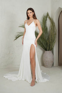 Ivory White Silky Satin Floor Length Fitted Gown with V Neckline, Thin Spaghetti Straps, Thigh High Side Slit and Crisscross Open Back