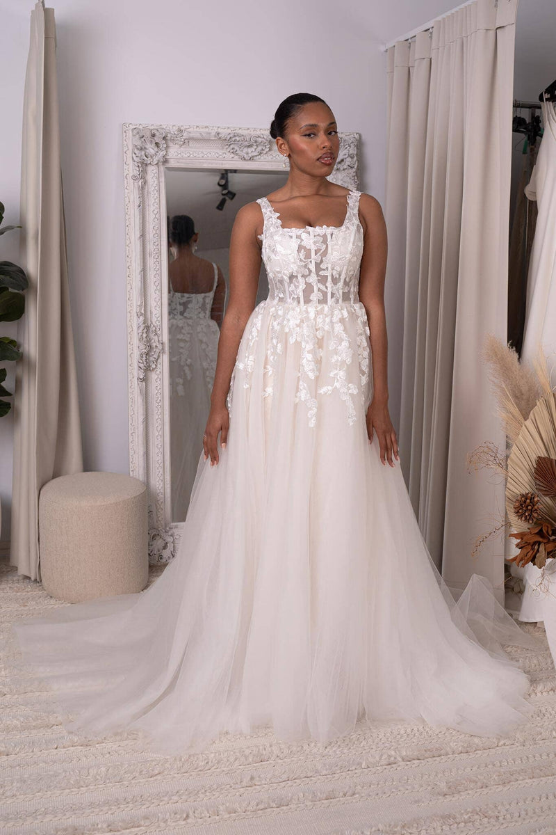 Ivory Off-White Square Neck A-line Lace Wedding Gown with Floral Lace Motifs Embellished on Layered Tulle, Trendy Exposed Bone Bodice, Voluminous Full A-line Skirt and Flowing Sweep Train