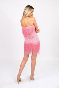 Back Image of Shiny Bright Pink Beaded Fringe Hem Mini Dress with V Neckline and Thin Shoulder Straps